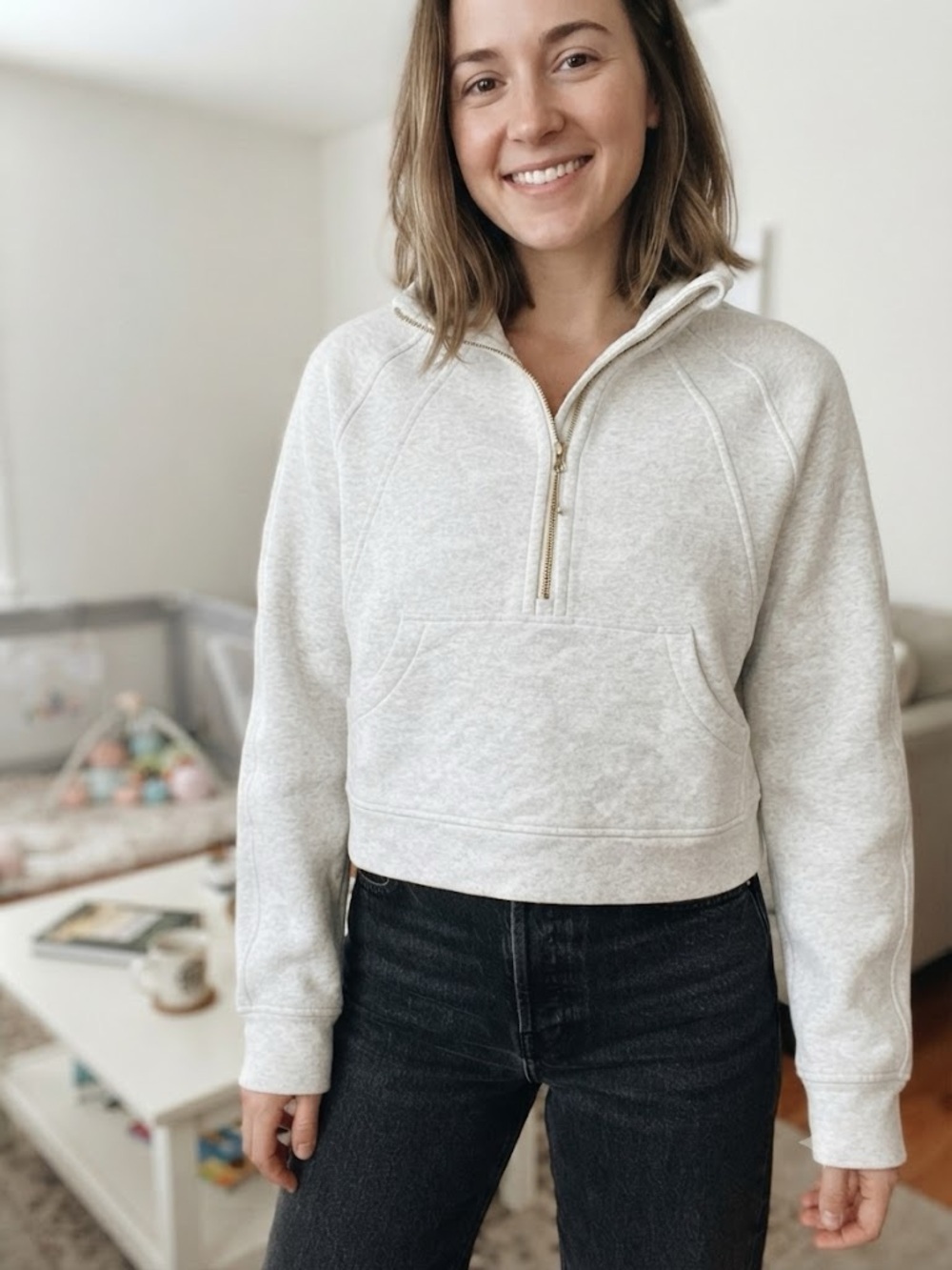 Women's Heathered Cream Cotton Half-Zip Pullover Sweatshirt Kangaroo Pocket